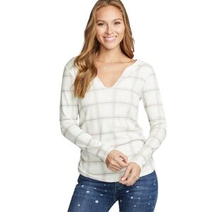 NEW CHASER Hazel Plaid Long Sleeve Split Neck Rouched Side Tee Size Small